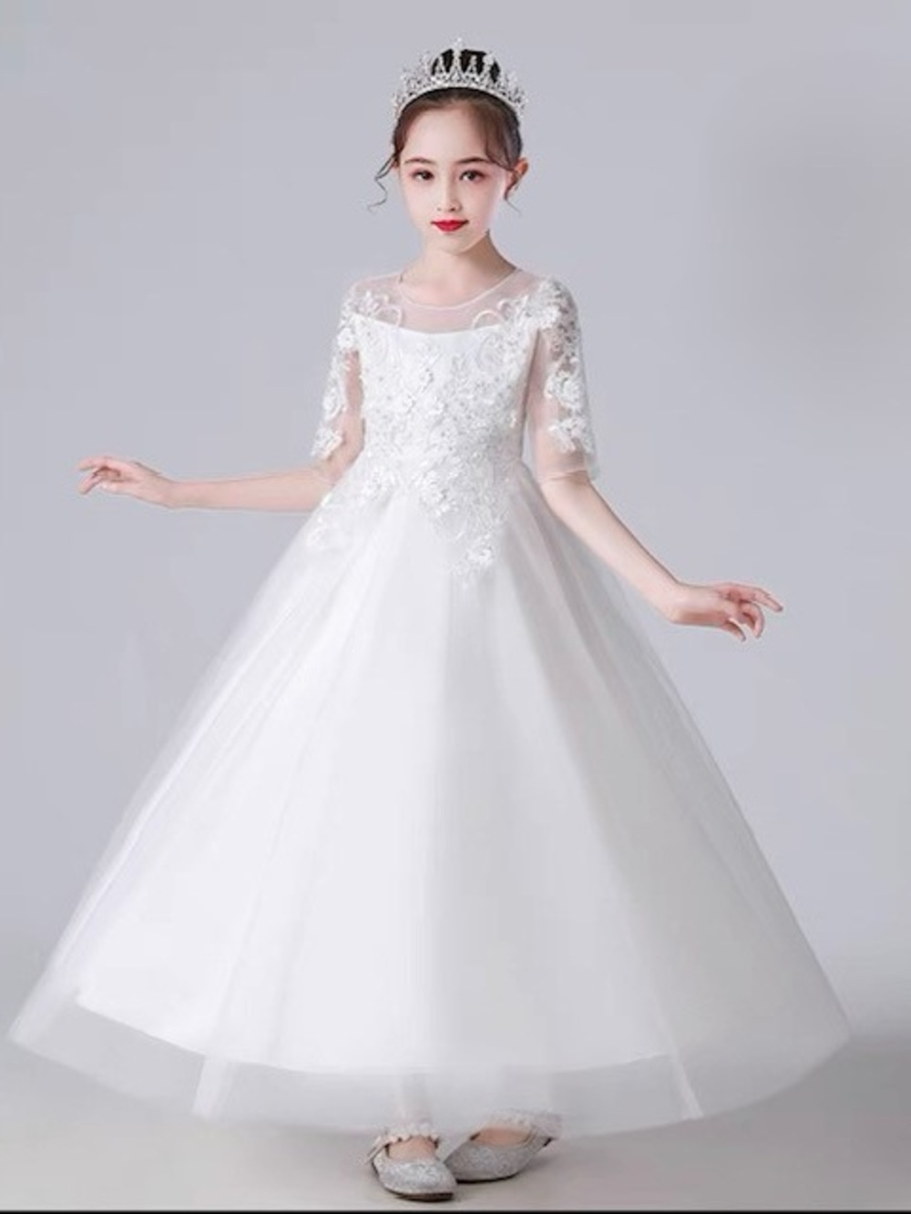 White Floral Lace Tulle Girls' Party Dress